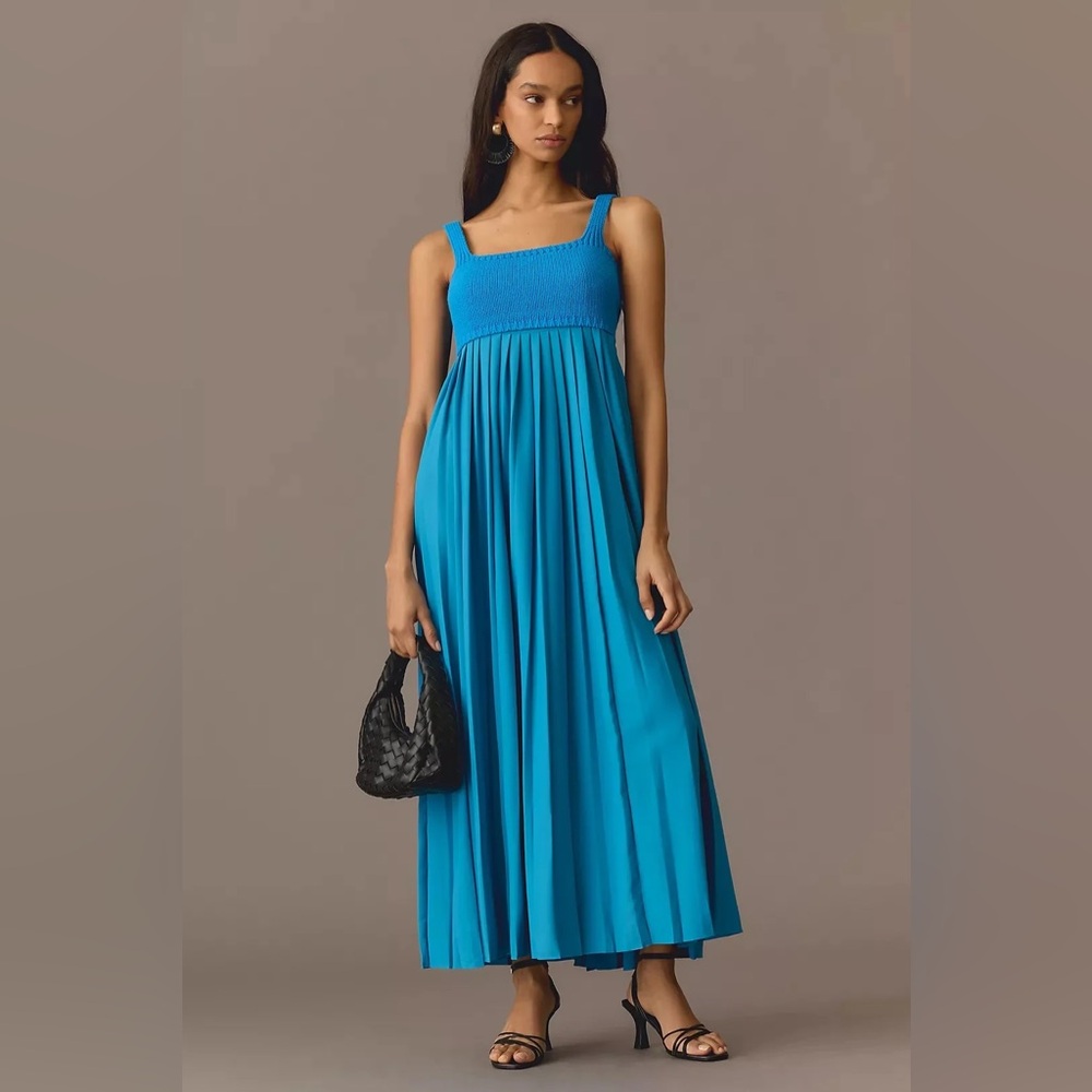 Maeve Pleated Twofer Blue Maxi Dress
